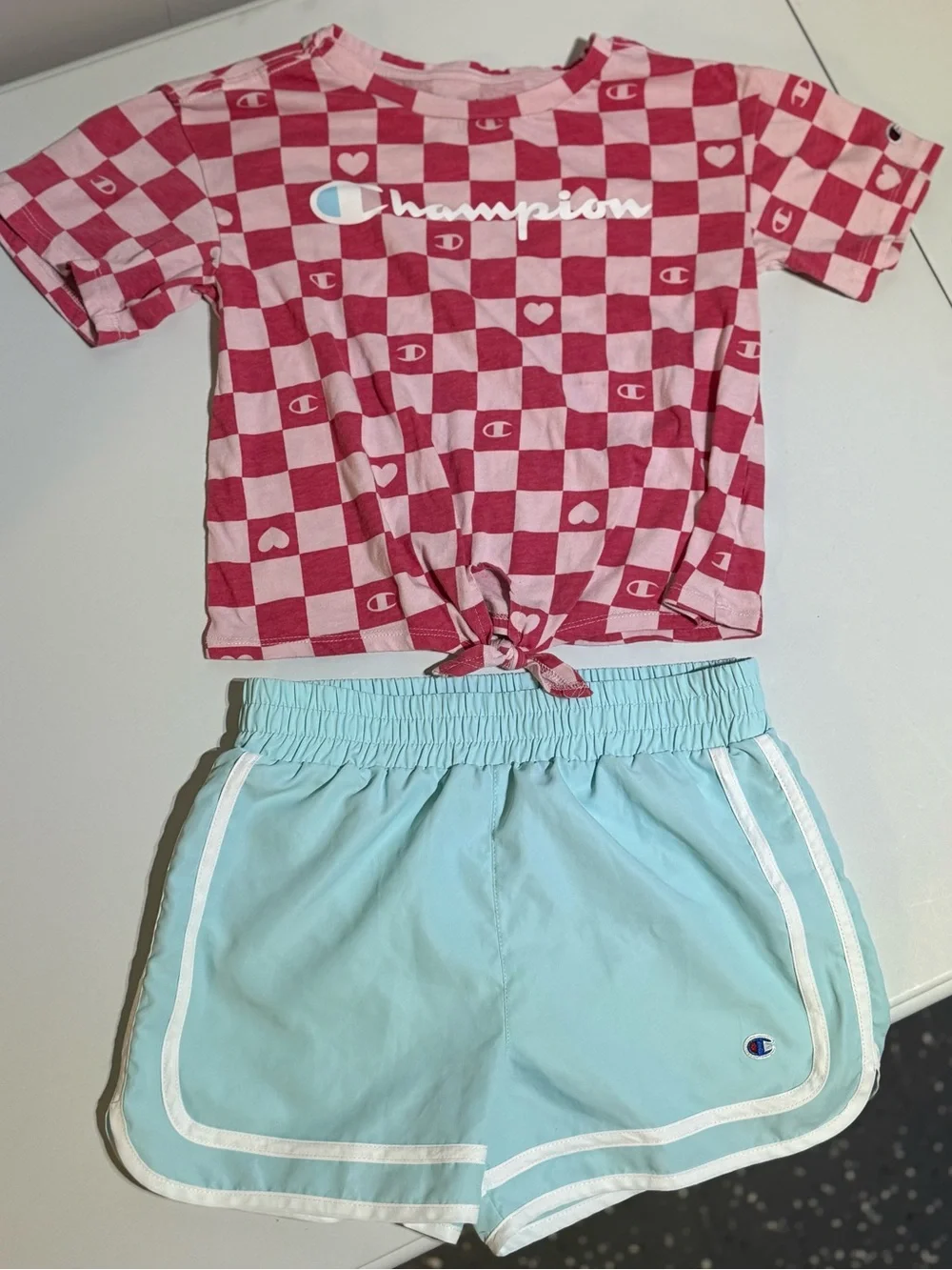 Champion Pink Checkerboard Tie-Front Tee w/Light Blue Dri-Fit Shorts Sz 7/8 NWOT